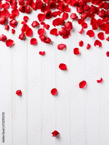 red rose flowers confetti on fence white background. Valentines day background.