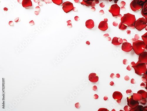 red rose flowers confetti on fence white background. Valentines day background.