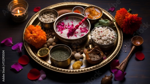 Diwali puja thali with sacred offerings and incense photo