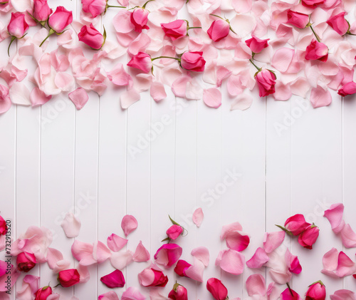 red rose flowers confetti on fence white background. Valentines day background.