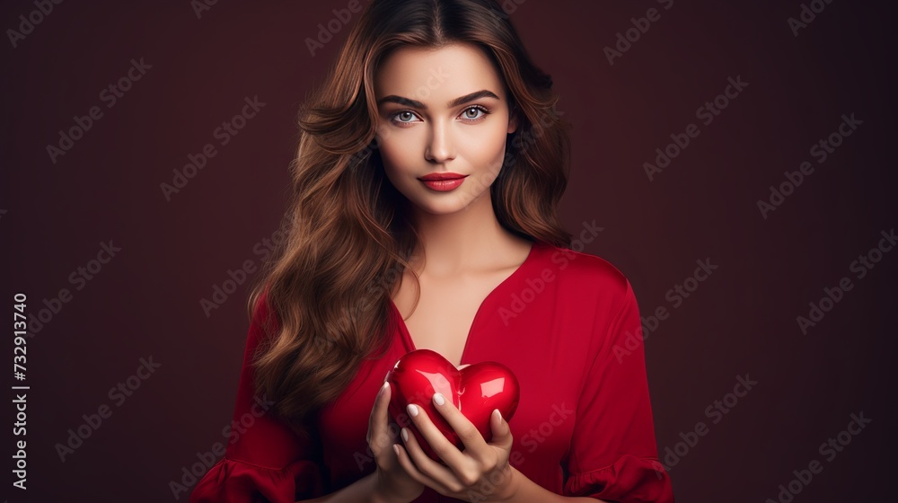 Young beautiful woman with heart-shaped gift. Girl with pure perfect face skin. Cosmetology, beauty and spa. Red nails manicure. Valentine’s Day