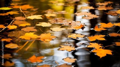 Leaves floating in a pond with reflections