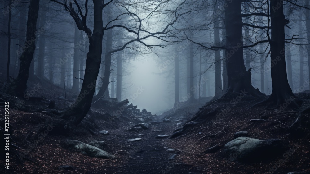 Moody forest with ethereal fog
