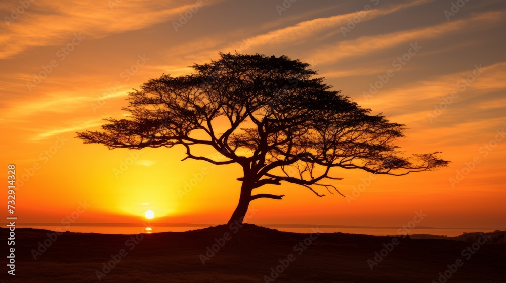 The silhouette of a tree against a golden sky