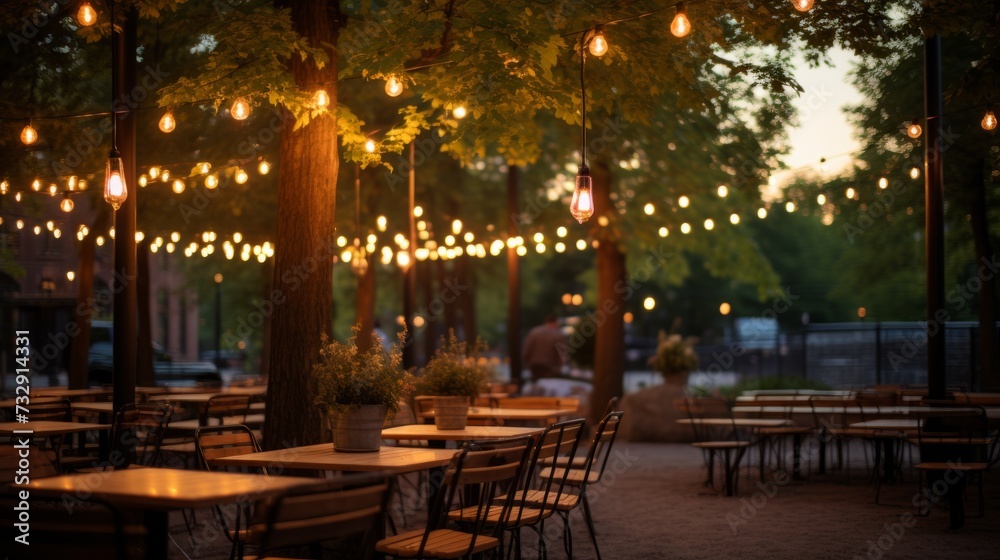The warm glow of cafe lights at twilight