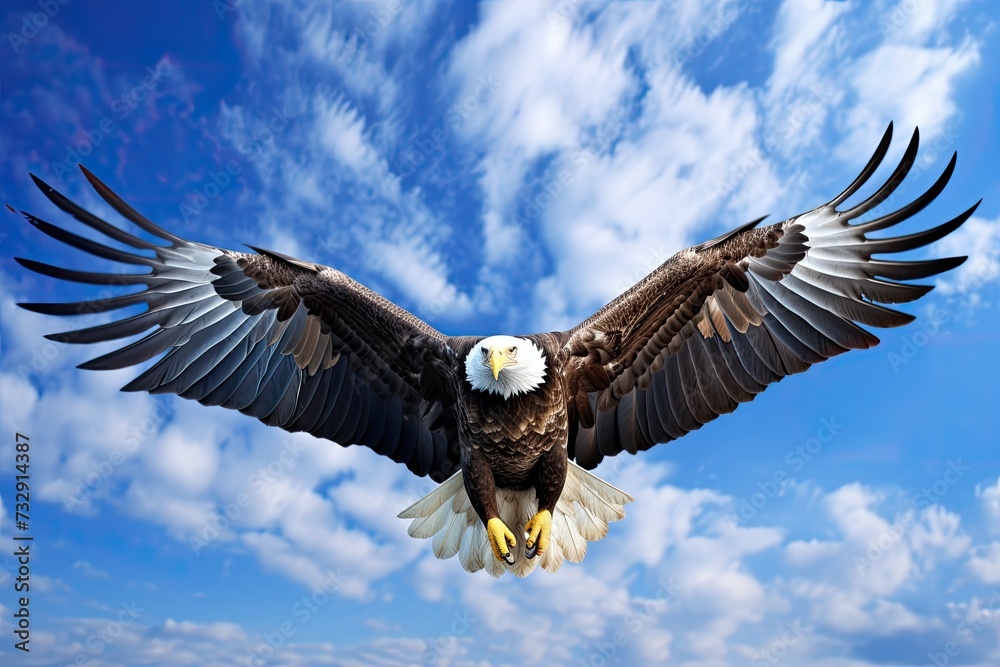 Create a realistic image of an eagle in flight, seen from below, with blue sky around. Create a realistic image of an eagle in flight, seen from below, with blue sky around.