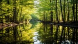 The reflection of a forest in a glassy pond