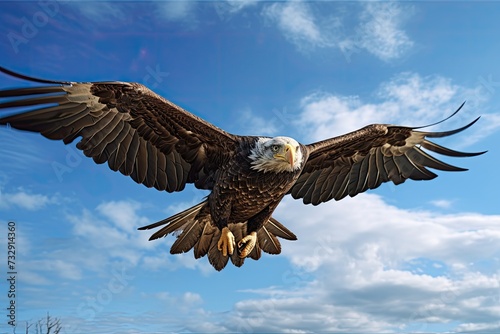 Create a realistic image of an eagle in flight, seen from below, with blue sky around.  © Dara
