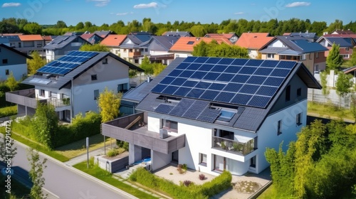 Aerial view of new modern residential houses with photovoltaic solar panels on the roofs with no logo 