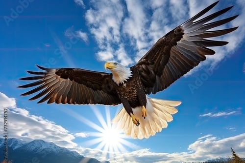 An eagle spreads its wings and flies in the blue sky, paramount light, prokaryotic, 