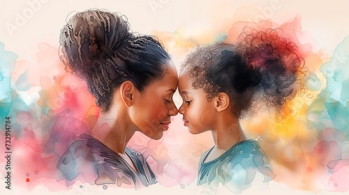 Watercolor of African American mother and little daughter isolated. Mother's Day concept