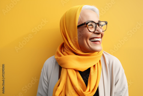 Old woman wearing glasses and yellow scarf with smile and be happy © Sugarpalm