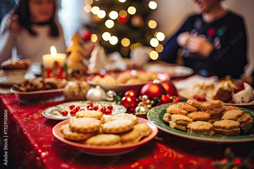 Christmas decorated table with several plates with delicious Christmas cookies with family of four consisting of father,
