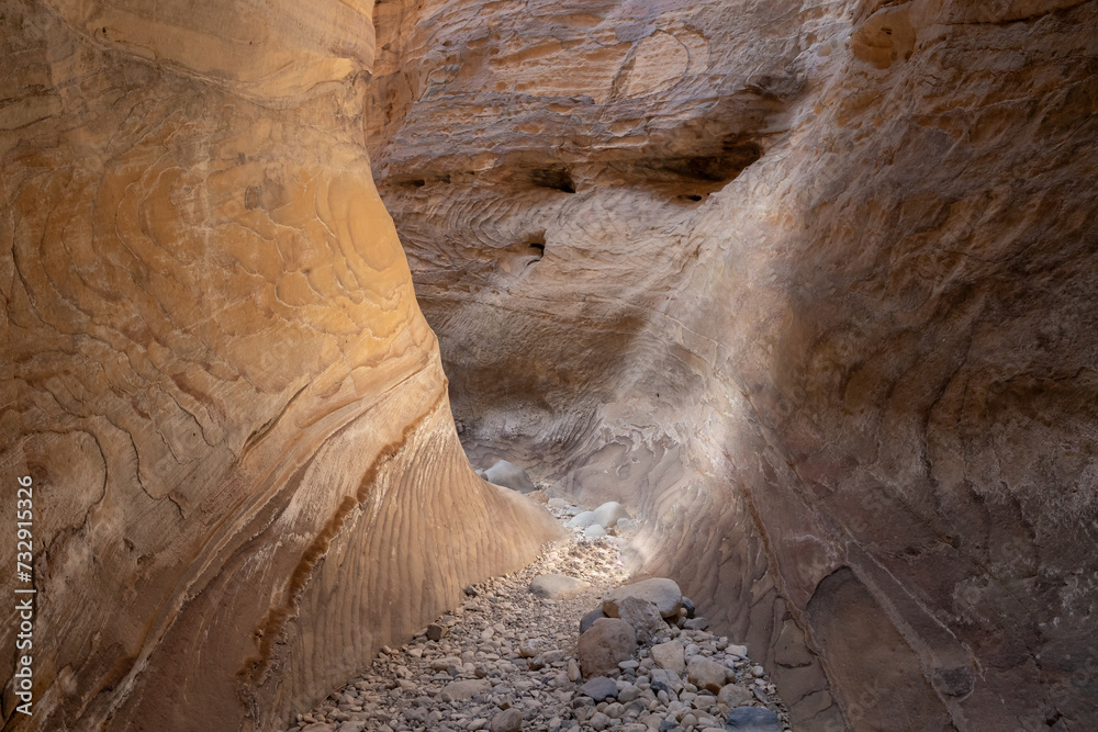 Bizarre natural patterns on mountain walls on tourist route of gorge Wadi Al Ghuwayr or An Nakhil and wadi Al Dathneh near Amman in Jordan