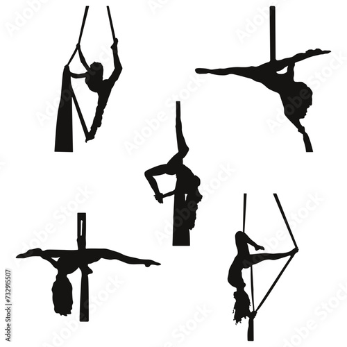 Aerial Silk Silhouette With Various Acrobatics Motion, Vector Illustration