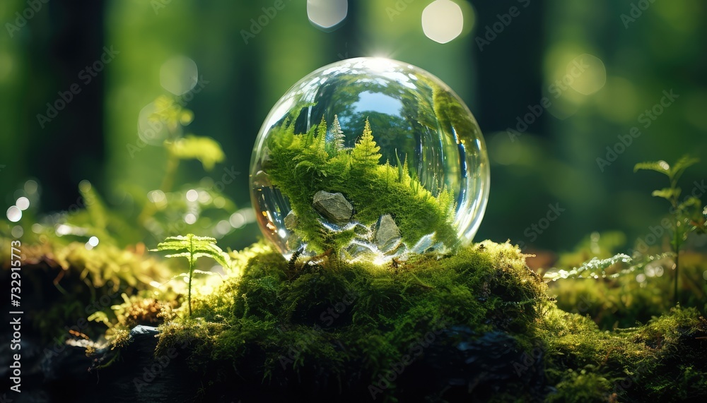 crystal globe on moss in a forest crystal globe on moss in a forest