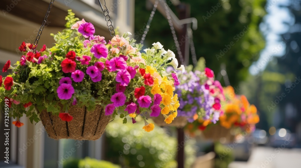 Different colorful flowers in hanging baskets in West Seattle,