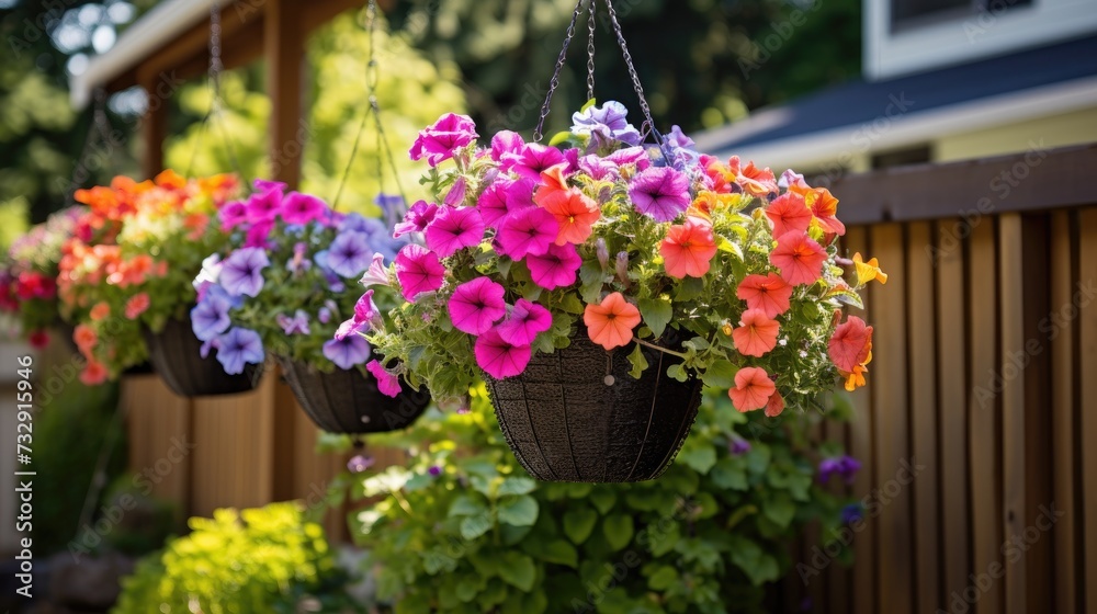 Different colorful flowers in hanging baskets in West Seattle, 