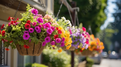 Different colorful flowers in hanging baskets in West Seattle,