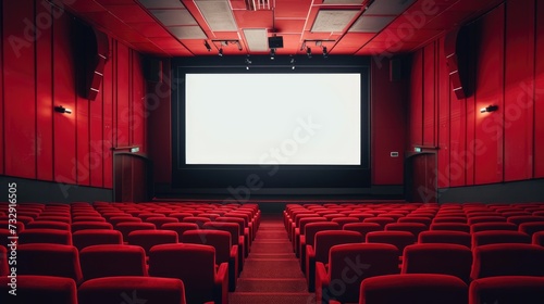 The empty cinema hall features a striking red color scheme and a white blank screen, Ai Generated.