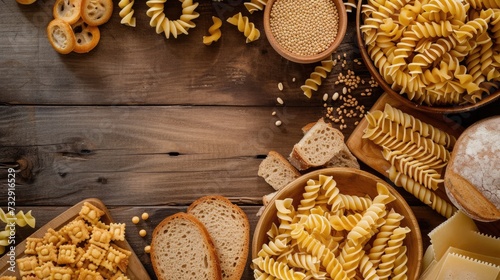 Top view of a wooden background showcasing various gluten-free pasta, bread, and snacks, Ai Generated. photo