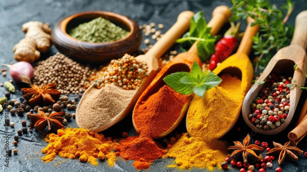 Assortment of aromatic, colorful spices and herbs, a feast for the senses, Ai Generated.