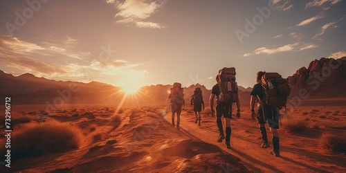 Invite adventurers to lose themselves in the rugged beauty of a vast desert landscape at sunset 