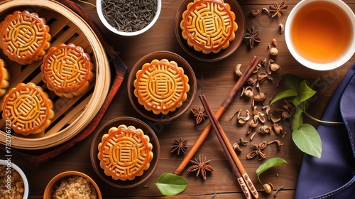 Moon cakes symbolizing tradition and unity at the Mid-Autumn Festival, Ai Generated.