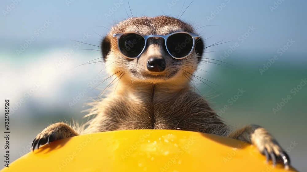 A cute Meerkat surfer enjoys a fun-filled summer day at the beach, riding waves with enthusiasm, Ai Generated. A cute Meerkat surfer enjoys a fun-filled summer day at the beach, riding waves with enthusiasm, Ai Generated.