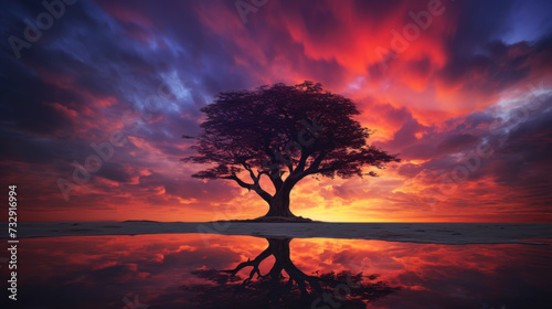 Lone Treeilhouette: A Dramatic and Colorfuluetky