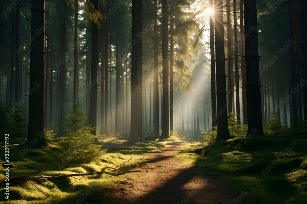 Sunlight streaming through dense forest foliage, creating a captivating play of light and shadows.