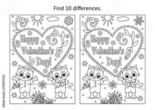 Valentine's Day difference game and coloring page with Happy Valentine's Day greeting and cute little kittens 