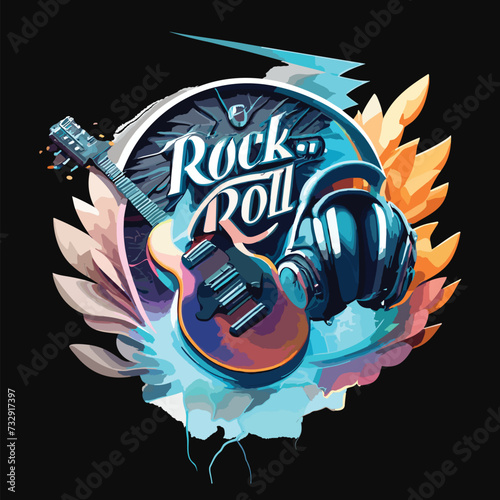 Rock and roll typographic music guitar with Headphone Speaker eps vector design suitable for unisex t-shirt, tee design, hoodies, poster, music festival banner, cover, logo vector illustration