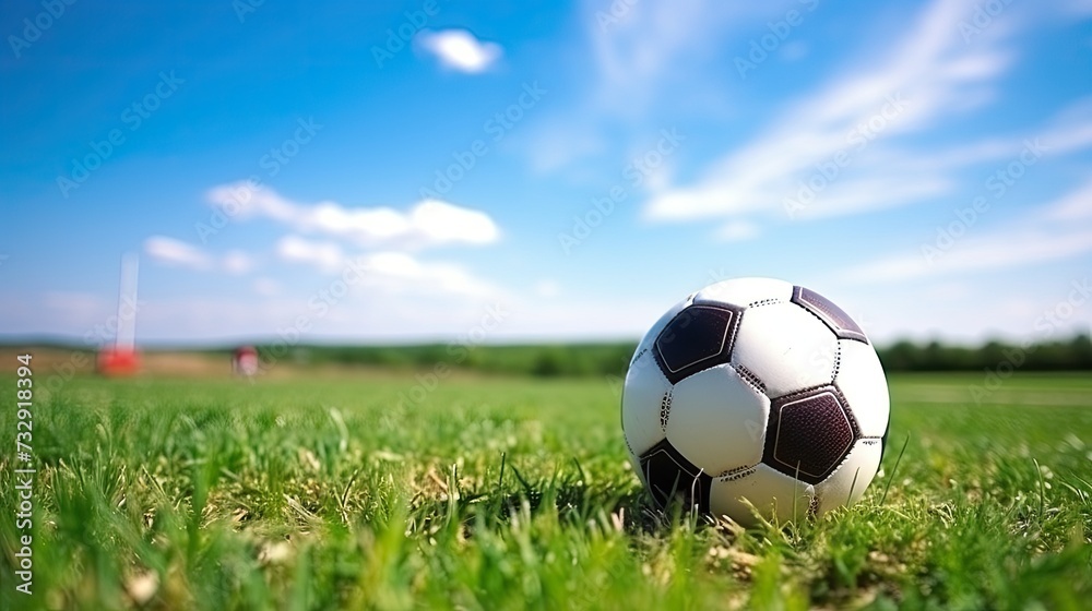 Soccer, with the background of the field grass and blue sky and white clouds, close up,