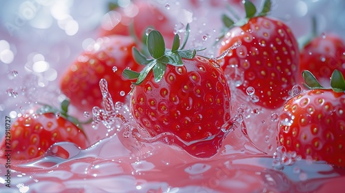 Strawberry with juice splash  Juicy ripe strawberries  ripe strawberries. Splash of strawberry Strawberry jam  cocktail  juice. Juicy strawberries in water splash Water drops.