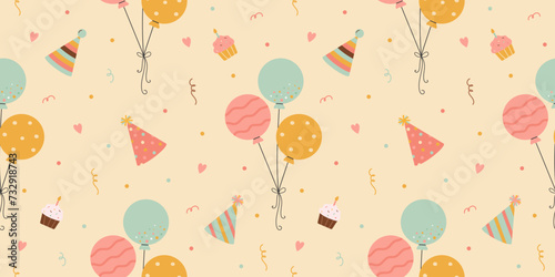 Birthday pattern with cakes, hats and balloons
