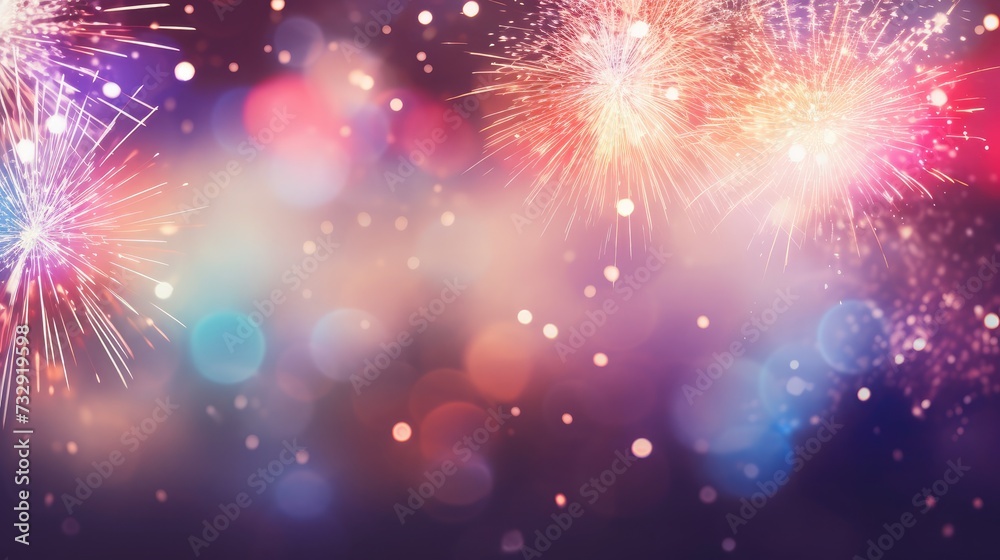 Fototapeta premium Defocused fireworks and bokeh at New Year and copy space.