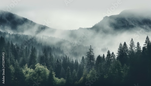 Misty foggy mountain landscape with fir forest and copyspace in vintage retro hipster style © msroster