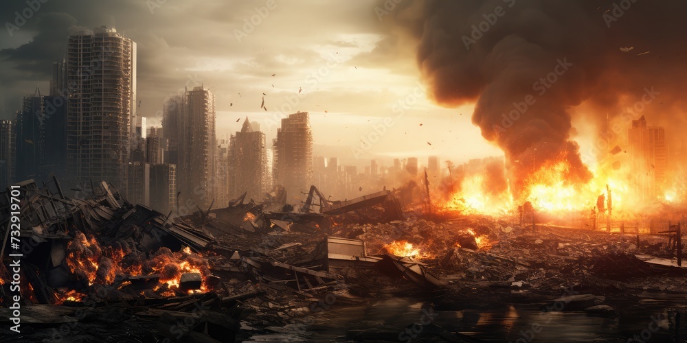 Destruction of city with fires, explosions and collapsing structures. Concept of war and disaster Destruction of city with fires, explosions and collapsing structures. Concept of war and disaster
