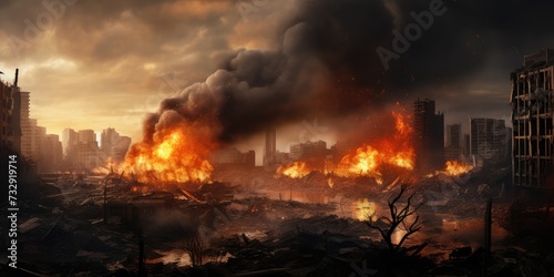 Destruction of city with fires, explosions and collapsing structures. Concept of war and disaster