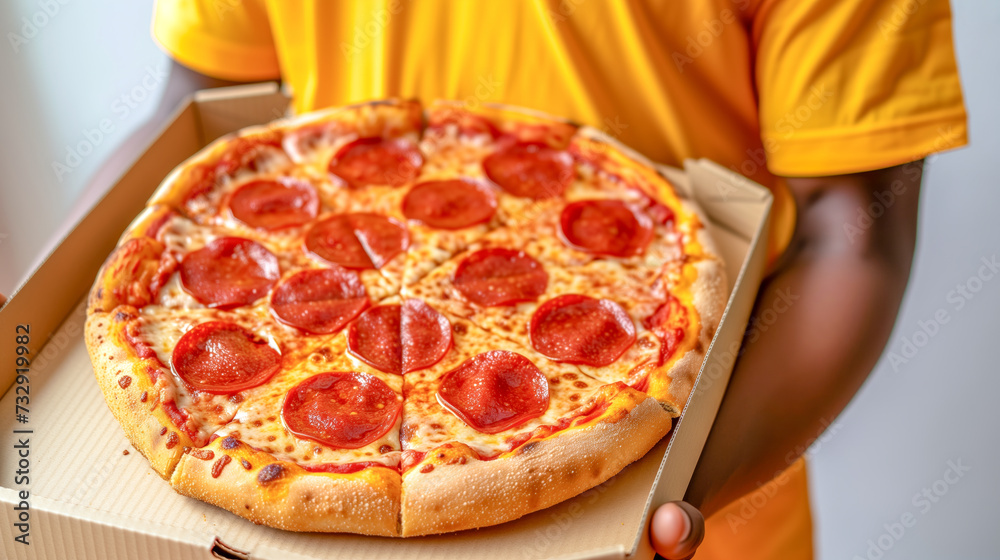 Tasty Thick Crust Pepperoni Pizza with Cheese presentation on the cardboard package 