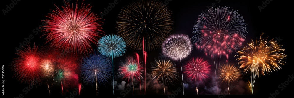 A variety of colorful fireworks isolated on black background, 4k, hyper realistic,