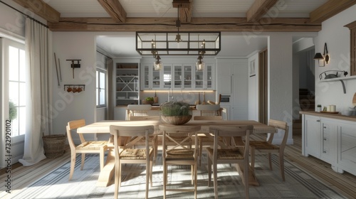 Rustic Dining Room with Wooden Farmhouse Table AI Generated.