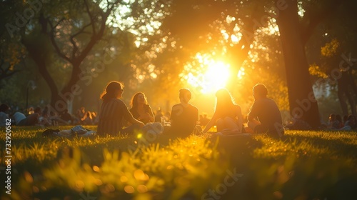 A group of friends laughing and joking around as they enjoy a picnic in the park, the sunlight filtering through the trees casting dappled shadows