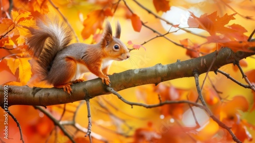 Cute Squirrel on Autumn Tree Branch AI Generated.