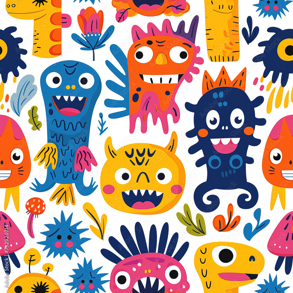 Children and fantasy creatures colorful repeat pattern, kids cartoon collage	