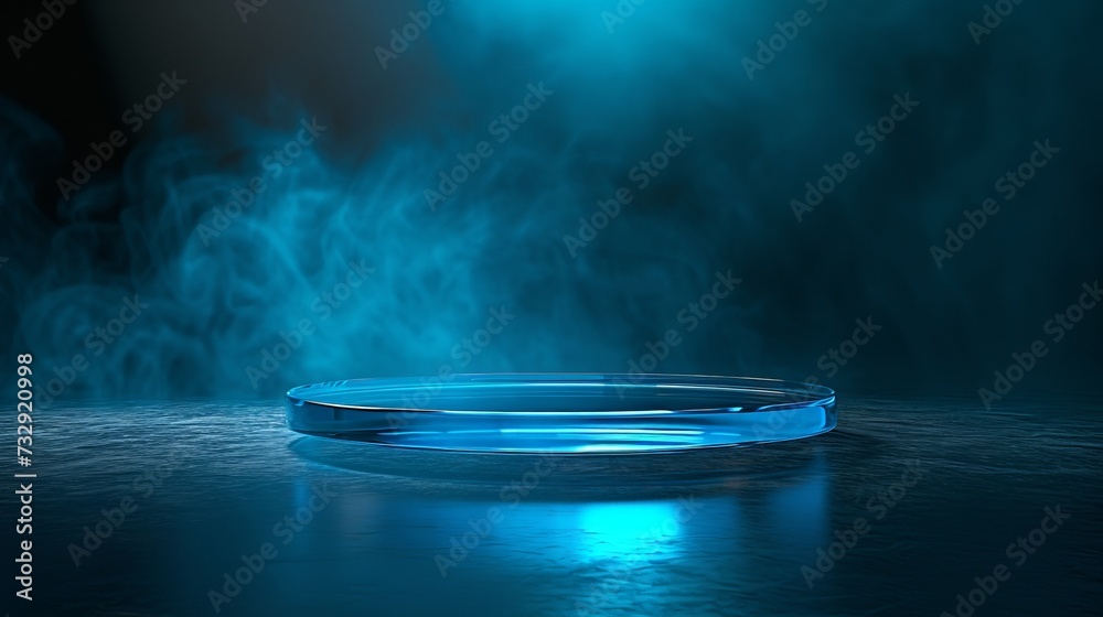 Dark background with blue clear glass base. Suitable for product display The set was enhanced with spotlights and studio lights. with realistic shadows and Helps add depth and realism.