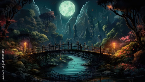 Illustration at night with full moon on the bridge in the forest © msroster