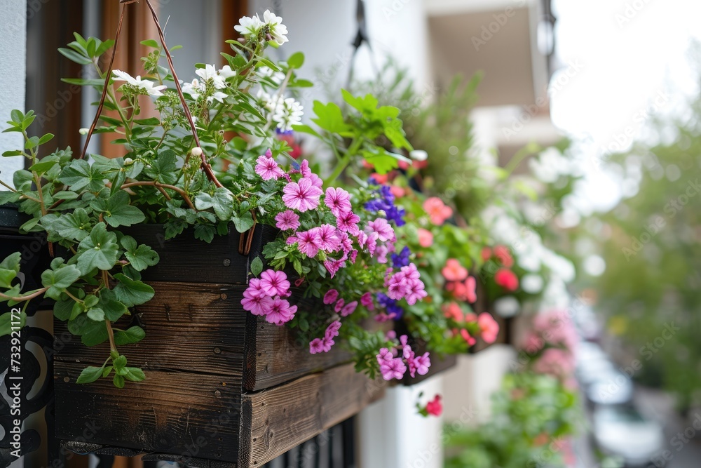 Colorful flowers growing in boxes hanging on balcony fence