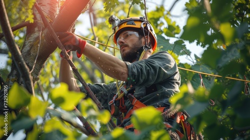 Arborist working at height in tree. photo